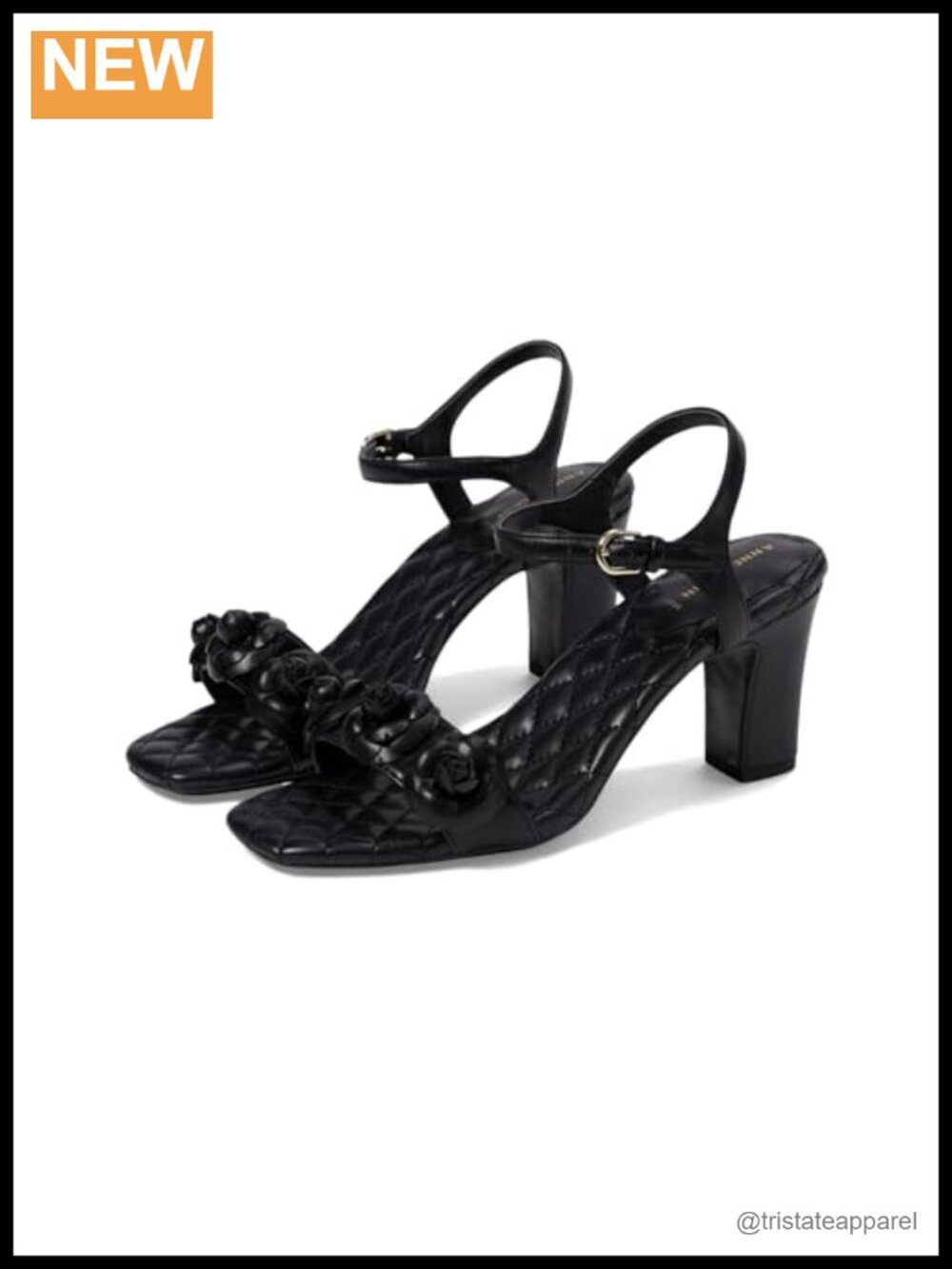 Faux Leather Slingback Block Heel Sandals with Floral Embellishment